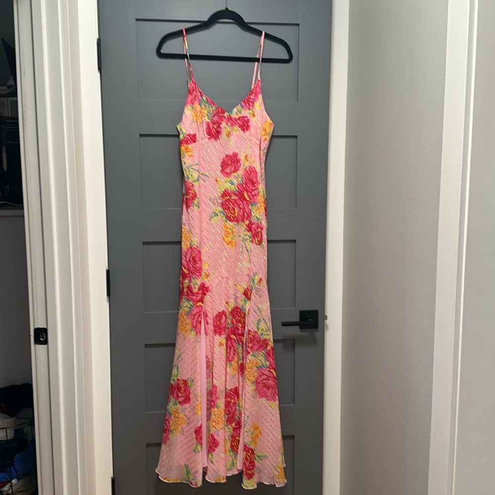 Betsy Johnson spaghetti strap party dress. Sparkly gold simmers throughout dress